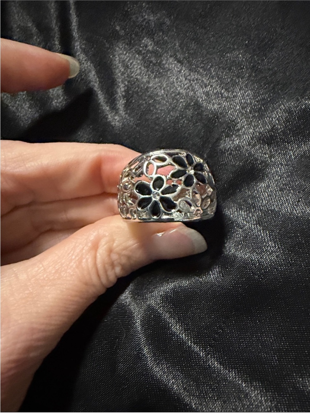 Avon Silver-Plated Floral Cutout Dome Ring with Rhinestone Accents